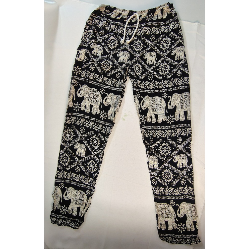 Boho Elephant Print Harem Jogger Pants Black Cream Festival Hippie Lounge Small